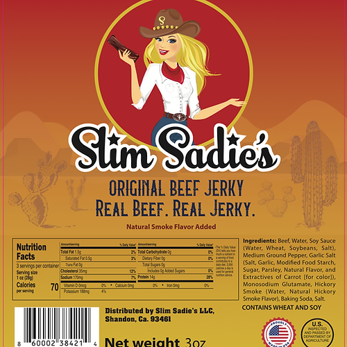 Slim Sadie's orignal beef jerky 3oz package for sale